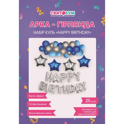 Арка-гирлянда из воздушных шаров с надписью "Happy Birthday" голубая с серебром Арка-гирлянда из воздушных шаров с надписью "Happy Birthday" голубая с серебром