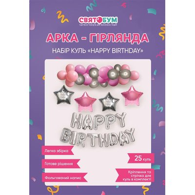 Арка-гирлянда из воздушных шаров с надписью "Happy Birthday" розовая с серебром Арка-гирлянда из воздушных шаров с надписью "Happy Birthday" розовая с серебром