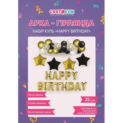 Арка-гирлянда из воздушных шаров с надписью "Happy Birthday" золотая