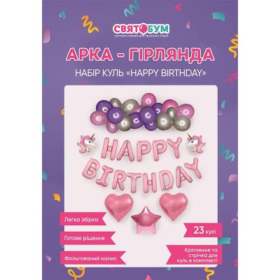 Арка-гирлянда из воздушных шаров с надписью "Happy Birthday" с единорогами розовая Арка-гирлянда из воздушных шаров с надписью "Happy Birthday" с единорогами розовая