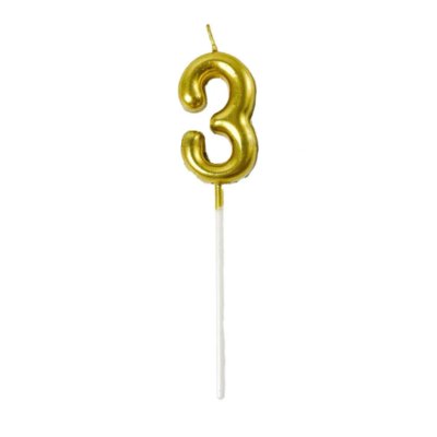 Свеча-цифра "3" на палочке золото 6,5 см