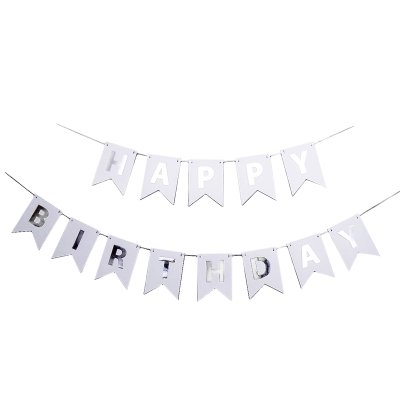 Гирлянда бумажная "Happy Birthday" серебро на белом 