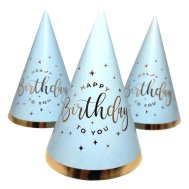 Колпачок "Happy Birthday" золото на голубом 15см 10 шт Колпачок "Happy Birthday" золото на голубом 15см 10 шт