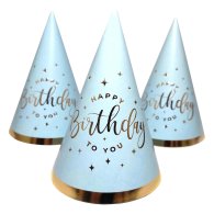 Колпачок "Happy Birthday" золото на голубом 15см 10 шт