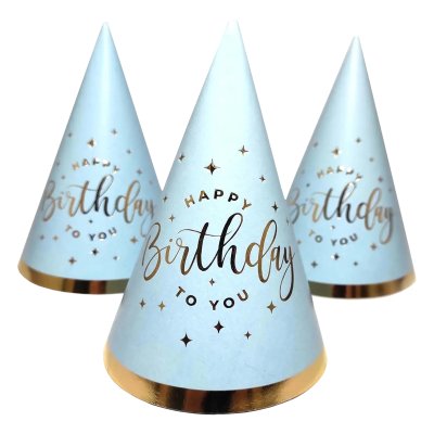 Колпачок "Happy Birthday" золото на голубом 15см 10 шт