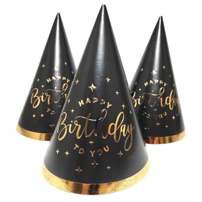 Колпачок "Happy Birthday" золото на черном 15см 10 шт