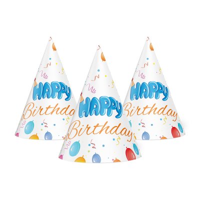 Колпачок "Happy Birthday" шарики на белом 15 см 20 шт