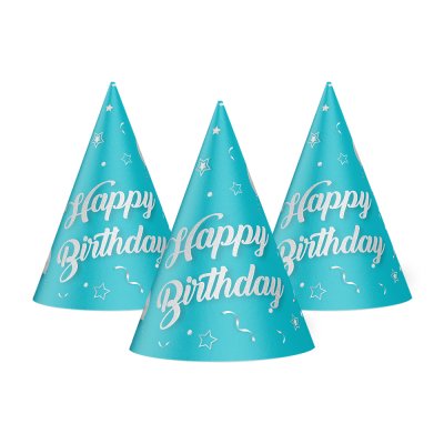 Колпачок "Happy Birthday" шарики на голубом 15 см 20 шт