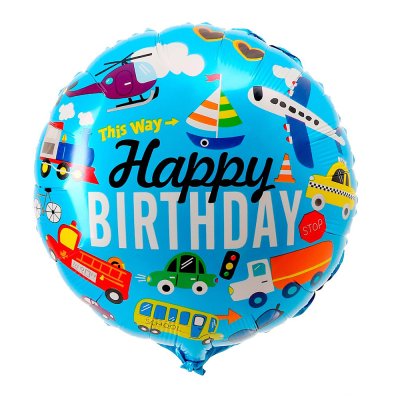 Фольгована кругла кулька "Happy Birthday" транспорт 18" Китай