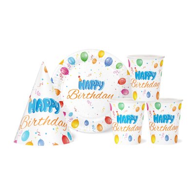 Набор посуды с колпачками  на 10 персон"Happy Birthday" шарики на белом