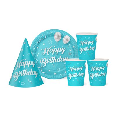 Набор посуды с колпачками  на 10 персон"Happy Birthday" шарики на голубом