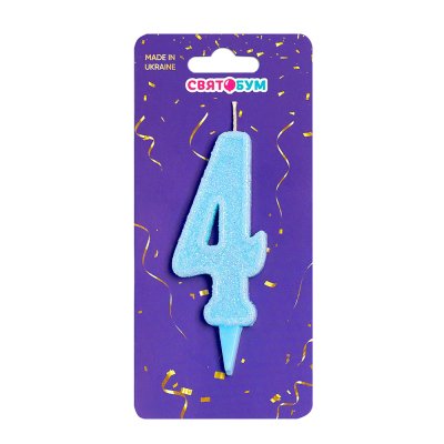 Свеча-цифра "4" голубая блеск