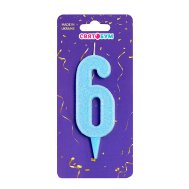 Свеча-цифра "6" голубая блеск Свеча-цифра "6" голубая блеск