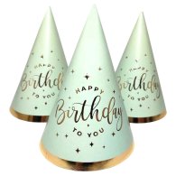 Колпачок "Happy Birthday" золото на мятном 15см 10 шт