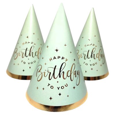Колпачок "Happy Birthday" золото на мятном 15см 10 шт