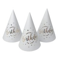 Колпачок "Happy Birthday" золото на белом 15см 10 шт