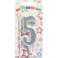 Свеча-цифра "5" белая с серебром Свеча-цифра "5" белая с серебром
