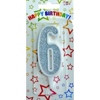 Свеча-цифра "6" белая с серебром 