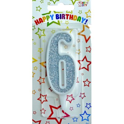 Свеча-цифра "6" белая с серебром 