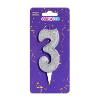 Свеча-цифра "3" серебро блеск