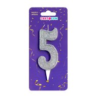 Свеча-цифра "5" серебро блеск Свеча-цифра "5" серебро блеск