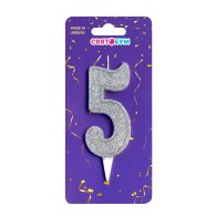 Свеча-цифра "5" серебро блеск