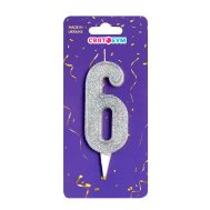 Свеча-цифра "6" серебро блеск Свеча-цифра "6" серебро блеск