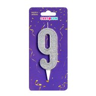 Свеча-цифра "9" серебро блеск Свеча-цифра "9" серебро блеск