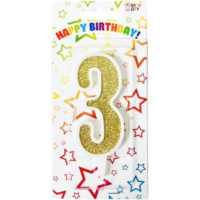 Свеча-цифра "3" белая с золотом 