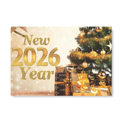 Плакат для праздника "New Year 2026" подарки под елкой 75х120 см