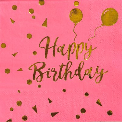 Салфетки "Happy Birthday" золото на розовом 33х33см 20 шт