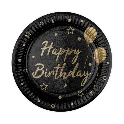 Набор тарелок "Happy Birthday" шарики и звездочки на черном 10 шт