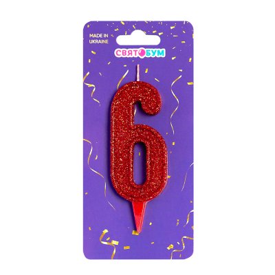 Свеча-цифра "6" красная блеск