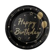Набор тарелок "Happy Birthday" шарики и звездочки на черном 10 шт Набор тарелок "Happy Birthday" шарики и звездочки на черном 10 шт